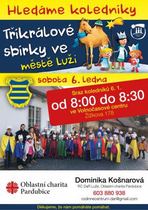 Tříkrálová sbírka město Luže. Akci pořádá Oblastní charita Pardubice.