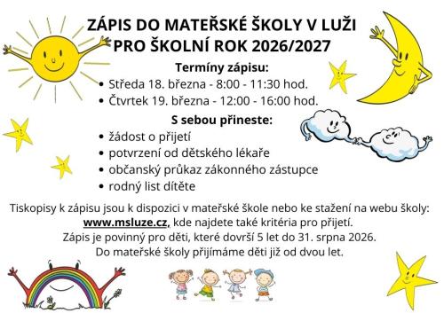 ???? ZÁPIS DO MATEŘSKÉ ŠKOLY V LUŽI ???? Pro školní rok 2026/2027
